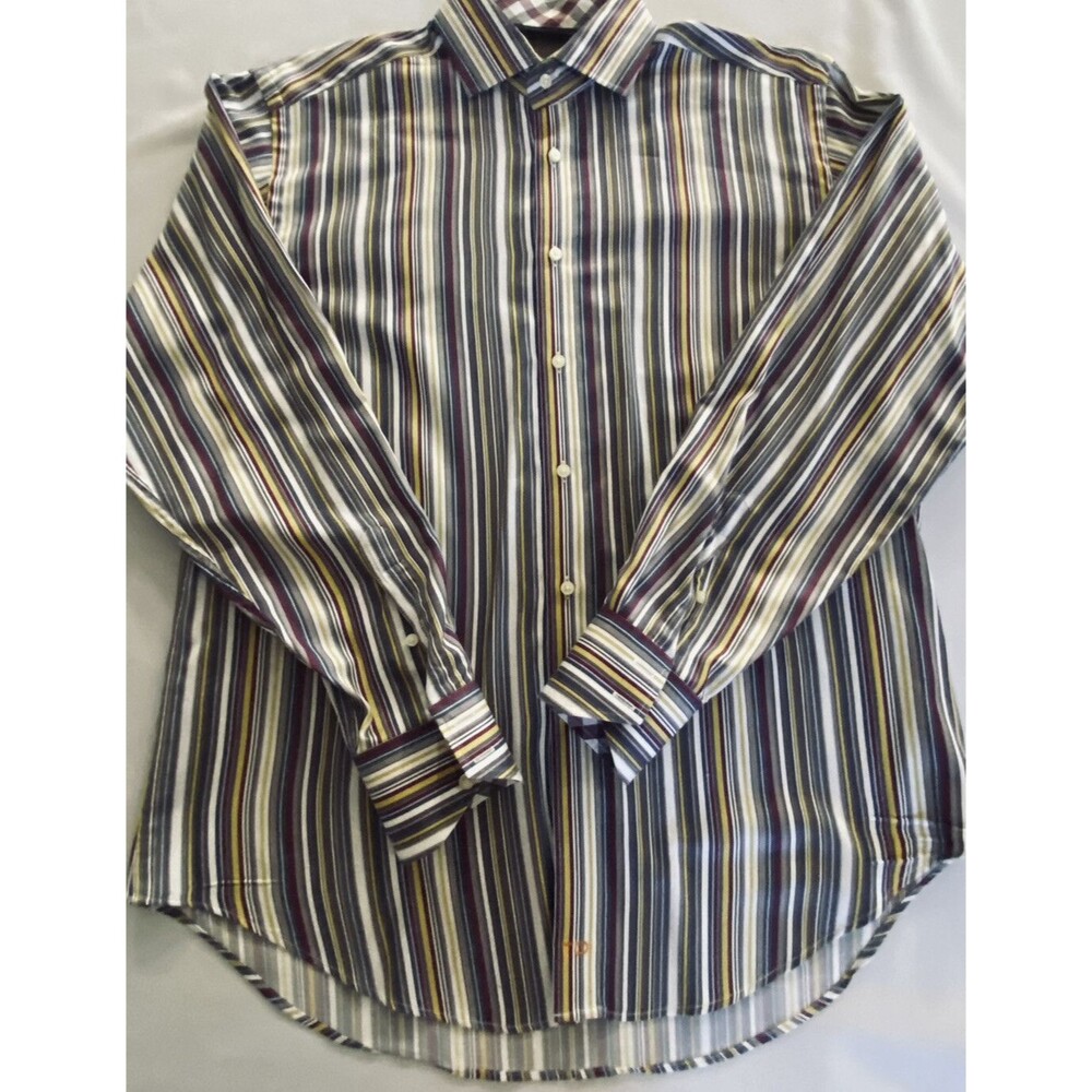 Thomas Dean Mens Long Sleeve Contrasting Cuffs Multicolor Stripe Shirt Size M